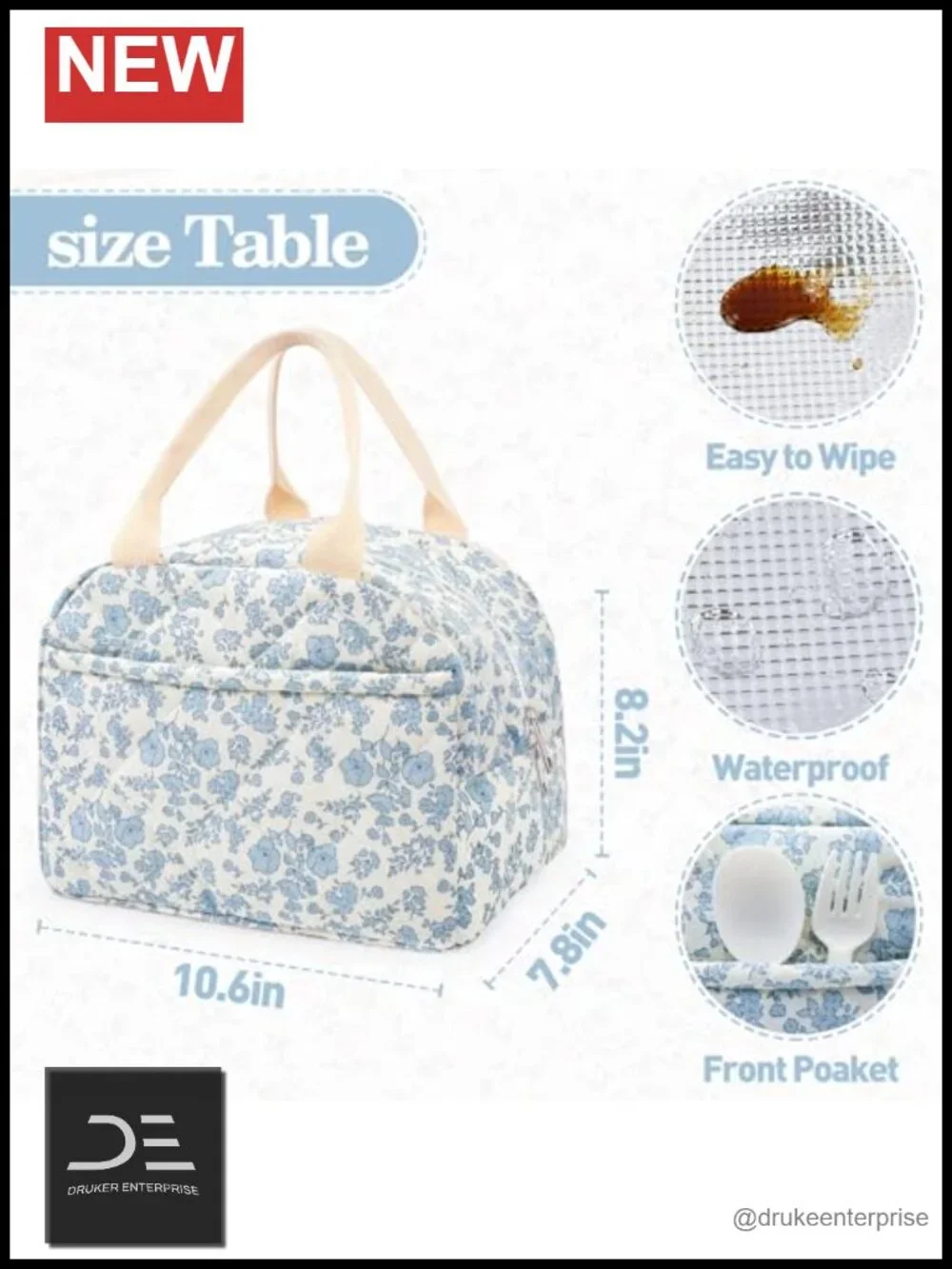 Cotton Quilted Insulated Lunch Bag, Reusable Floral Lunch Tote, Cooler Bag